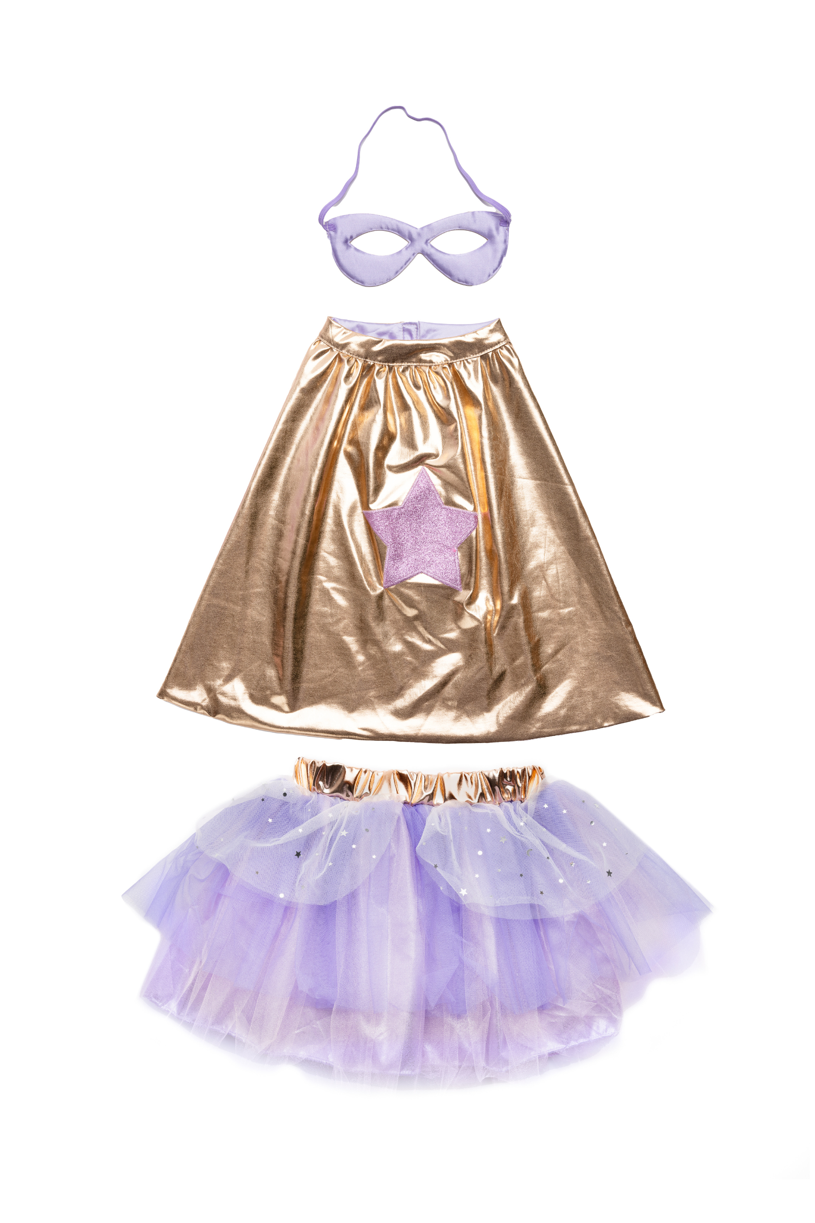 Set de super-héroïne, tutu/cape/masque, or/lila