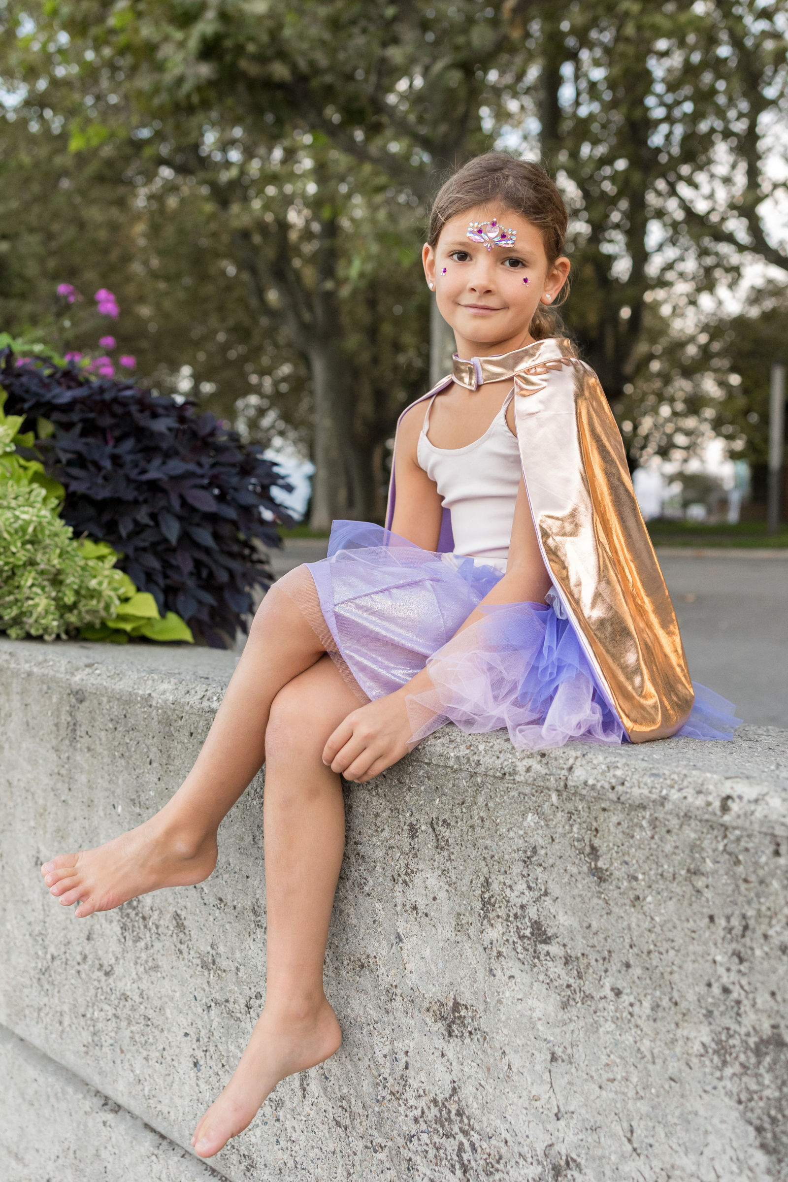 Set de super-héroïne, tutu/cape/masque, or/lila