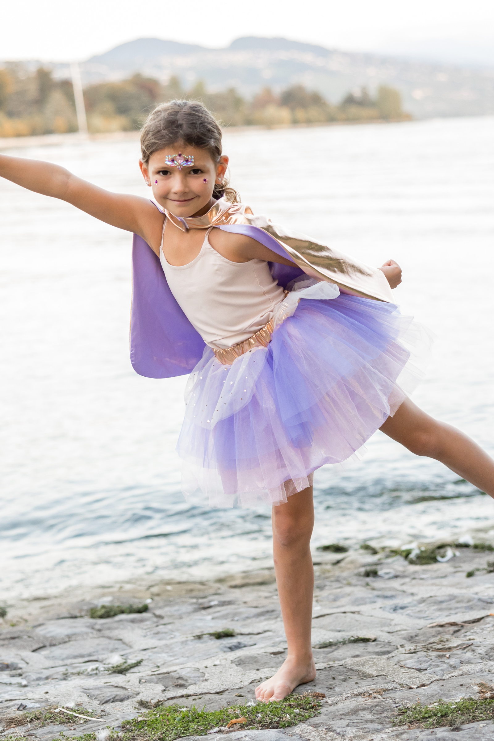 Set de super-héroïne, tutu/cape/masque, or/lila