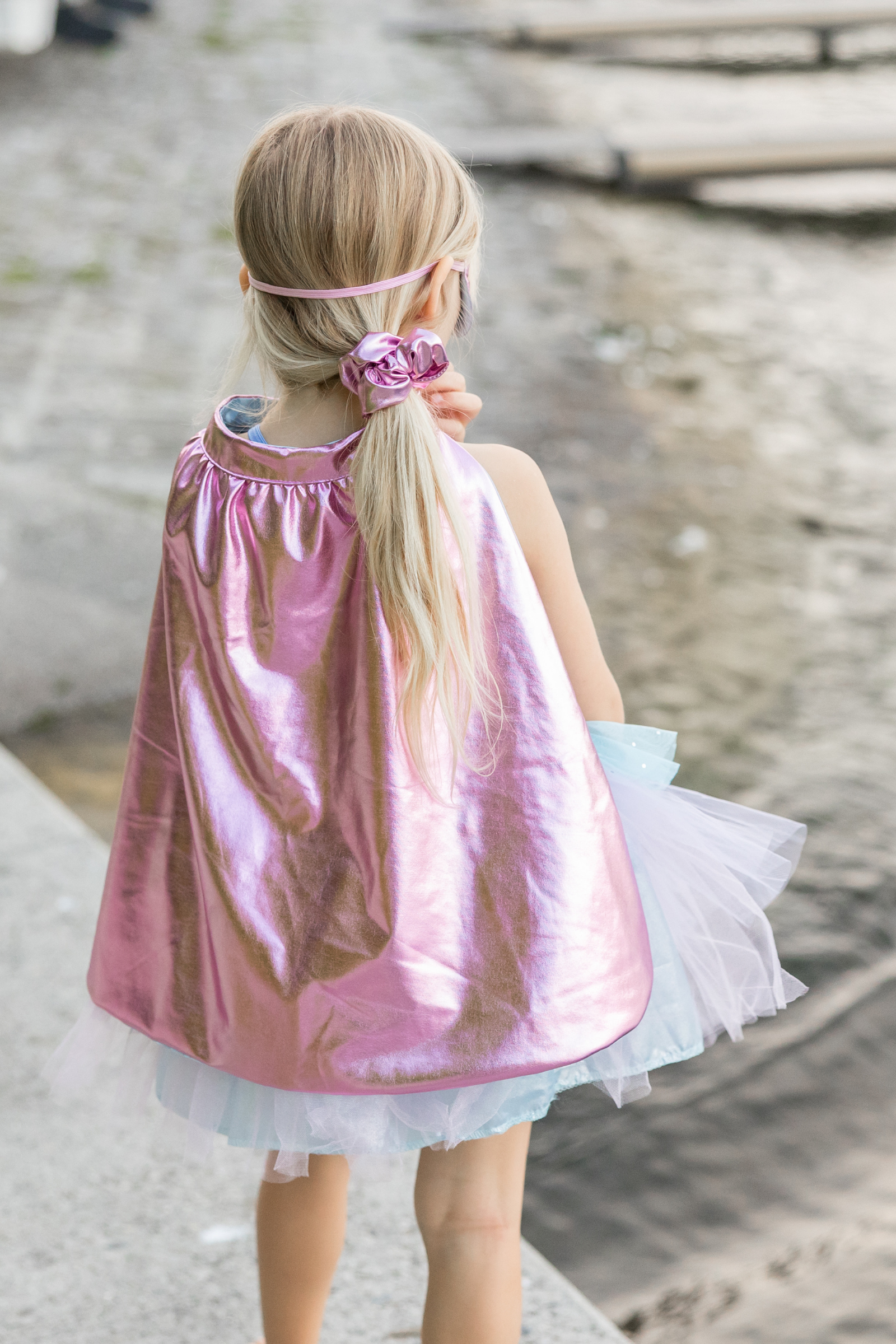 Set de super-héroïne, tutu/cape/masque, rose/bleu clair