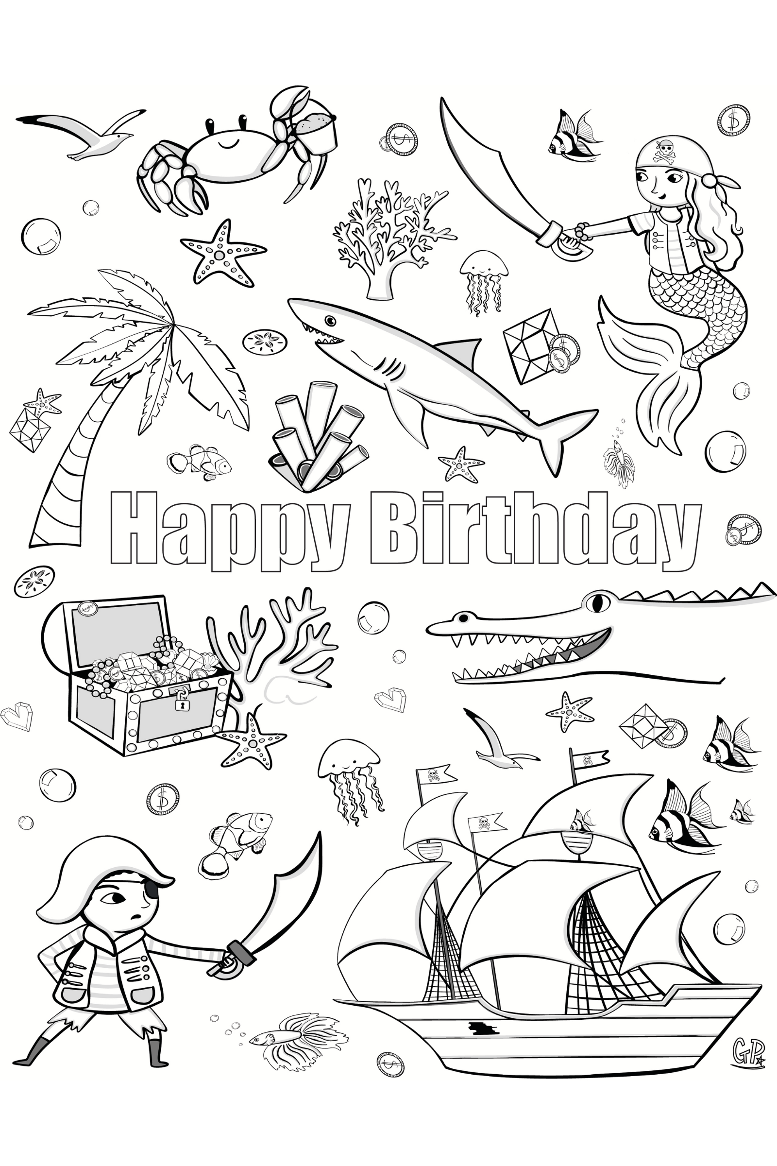 Pirate & Treasures Birthday Colouring Page