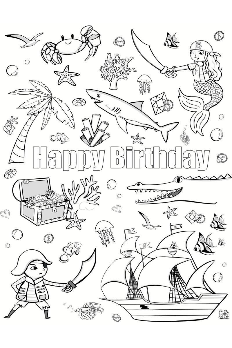 Pirate & Treasures Birthday Colouring Page